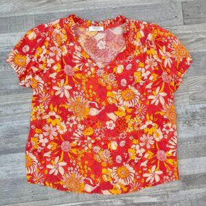 Avara multicolor floral pattern short sleeve V-neck blouse size small N46